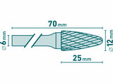 Fréza karbidová, kulatý oblouk, pr.12x25mm/stopka 6mm,sek střední (double-cut)