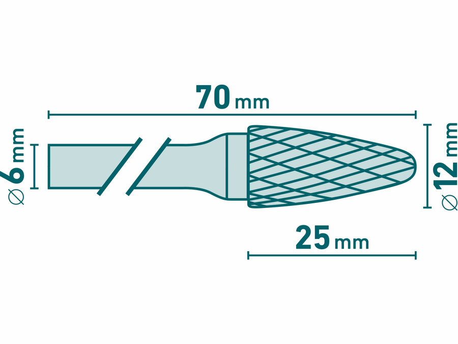 Fréza karbidová, kulatý oblouk, pr.12x25mm/stopka 6mm,sek střední (double-cut)