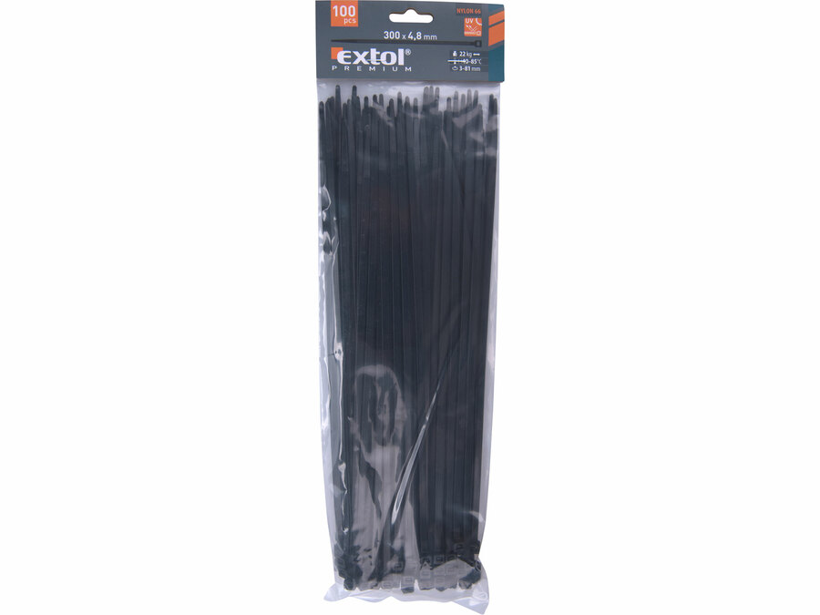 Pásky stahovací na kabely černé, 300x4,8mm, 100ks, nylon PA66