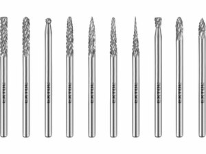 Frézy mini, karbidové, sada 10ks, ⌀3mm, sek střední (double-cut)