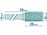 Fréza karbidová, válcová s čelním ozubením, pr.12x25mm/stopka 6mm,sek střední (double-cut)