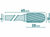 Fréza karbidová, válcová s kulovým čelem, pr.10x20mm/stopka 6mm,sek střední (double-cut)