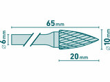 Fréza karbidová, ostrý oblouk, pr.10x20mm/stopka 6mm,sek střední (double-cut)