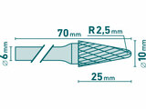 Fréza karbidová, konická 14° zakulacená, pr.10x25mm/stopka 6mm,sek střední (double-cut)