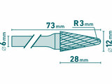 Fréza karbidová, konická 14° zakulacená, pr.12x28mm/stopka 6mm,sek střední (double-cut)
