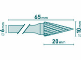 Fréza karbidová, konická-jehlan, pr.10x20mm/stopka 6mm,sek střední (double-cut)