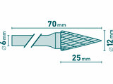 Fréza karbidová, konická-jehlan, pr.12x25mm/stopka 6mm,sek střední (double-cut)
