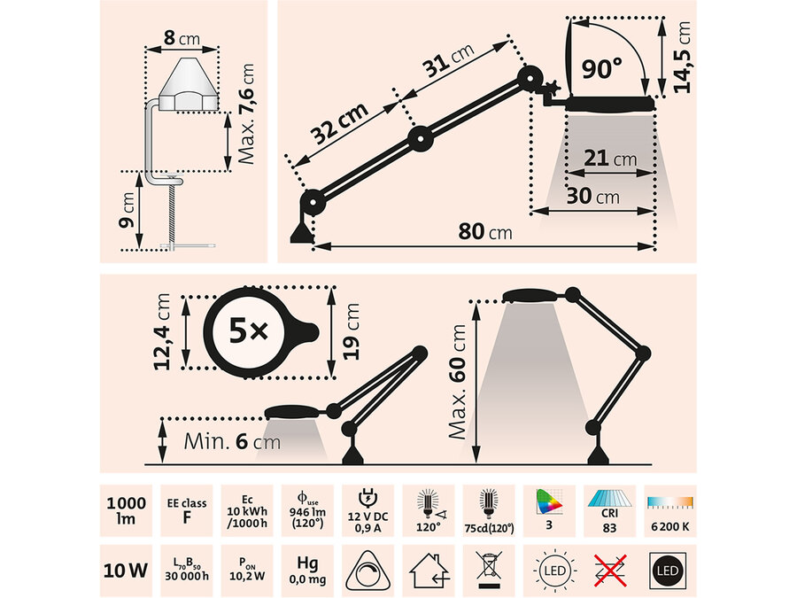 Lupa stolní se světlem a krytem čočky, 1000lm, 5x zvětšení