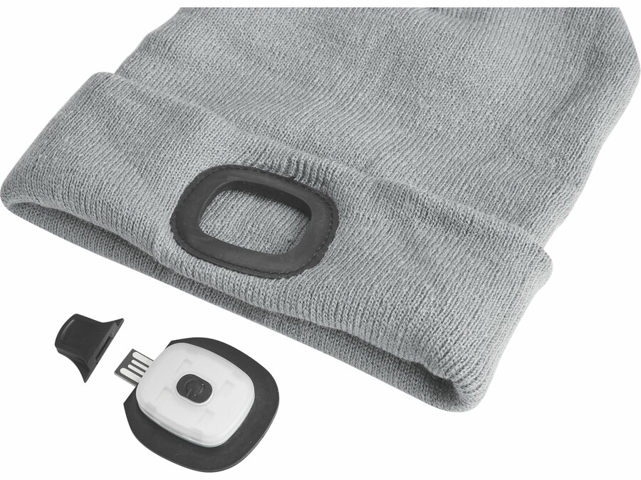 Čepice s čelovkou 4x45lm, USB nabíjení, šedá, univerzální velikost, 73% acryl a 27% polyester