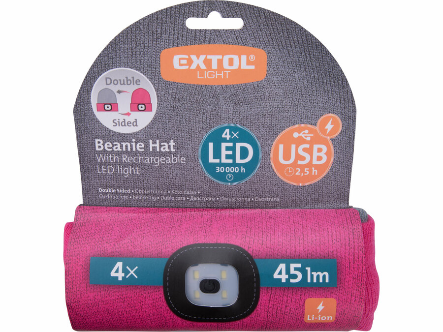 Čepice s čelovkou 4x45lm, USB nabíjení, světle šedá/růžová, oboustranná, univerzální velikost, 73% acryl a 27% polyester