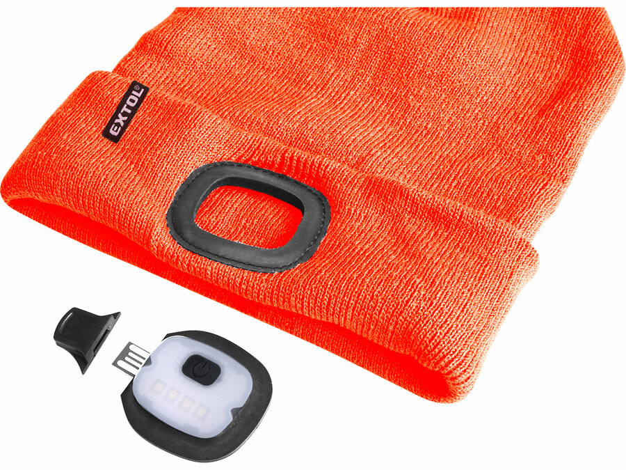 Čepice s čelovkou 4x25lm, USB nabíjení, fluorescentní oranžová, ECONOMY, univerzální velikost, 100% acryl