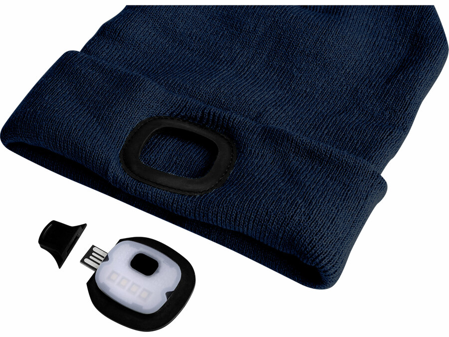 Čepice s čelovkou 4x25lm, USB nabíjení, tmavě modrá, ECONOMY, univerzální velikost, 100% acryl