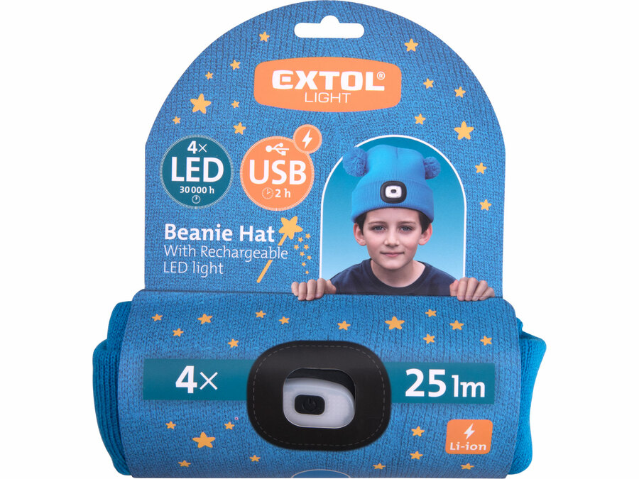 Čepice s čelovkou 4x25lm, USB nabíjení, modrá s bambulemi, dětská