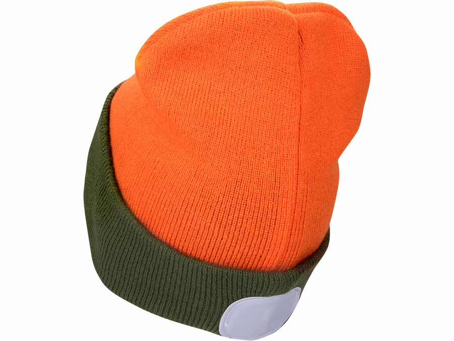 Čepice s čelovkou 4x45lm, USB nabíjení, fluorescentní oranžová/khaki zelená, oboustranná, univerzální velikost, 100% acryl