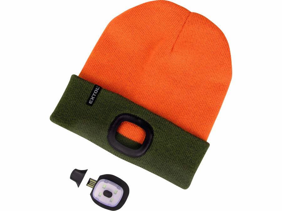Čepice s čelovkou 4x45lm, USB nabíjení, fluorescentní oranžová/khaki zelená, oboustranná, univerzální velikost, 100% acryl