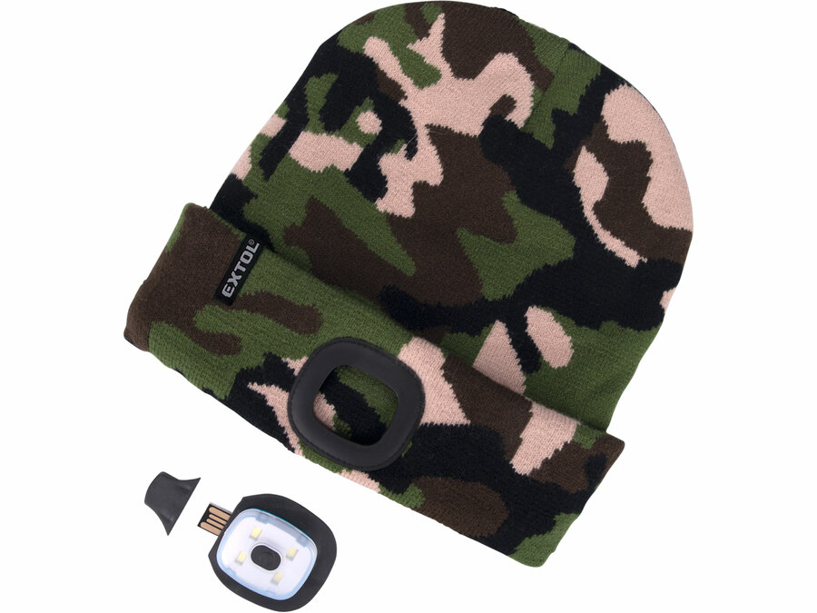 Čepice s čelovkou 4x45lm, USB nabíjení, maskovací, univerzální velikost, 100% acryl