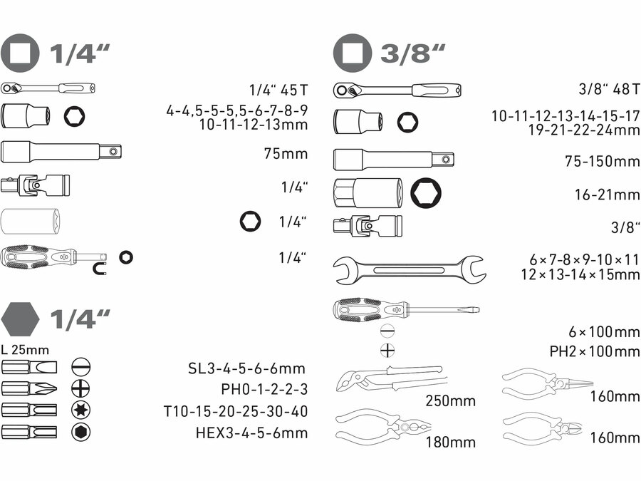 Sada nářadí 65ks, 1/4", 3/8", CrV