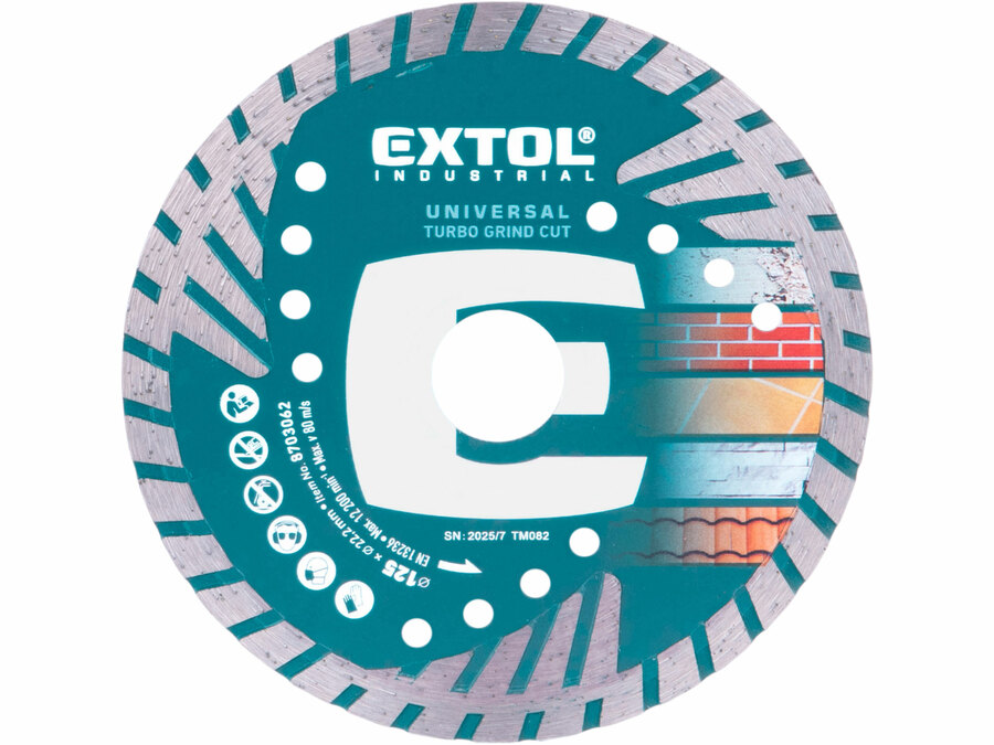 Kotouč diamantový řezný, turbo Grind Cut, suché i mokré řezání, O 125x22,2x2,2mm, EXTOL PREMIUM