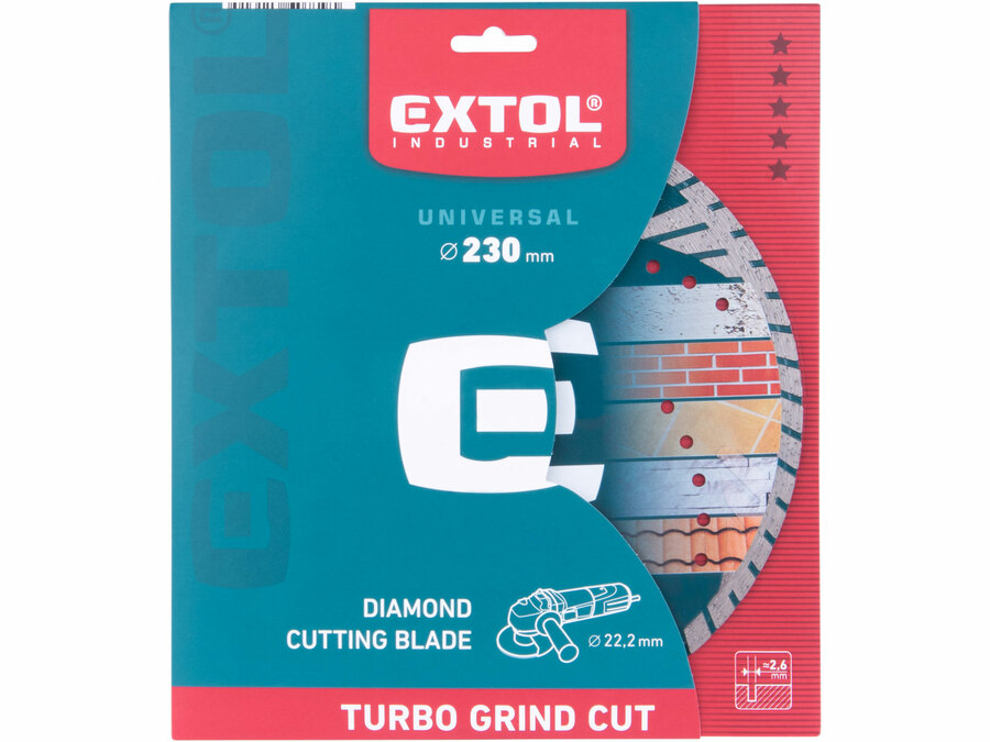 Kotouč diamantový řezný, turbo Grind Cut, suché i mokré řezání, O 230x22,2x2,6mm, EXTOL PREMIUM