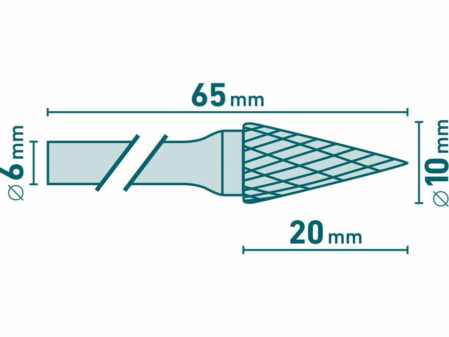 Fréza karbidová, konická-jehlan, pr.10x20mm/stopka 6mm,sek střední (double-cut)