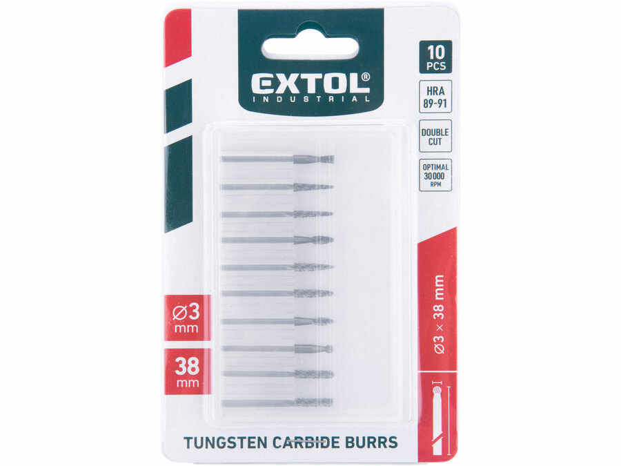 Frézy mini, karbidové, sada 10ks, ⌀3mm, sek střední (double-cut)