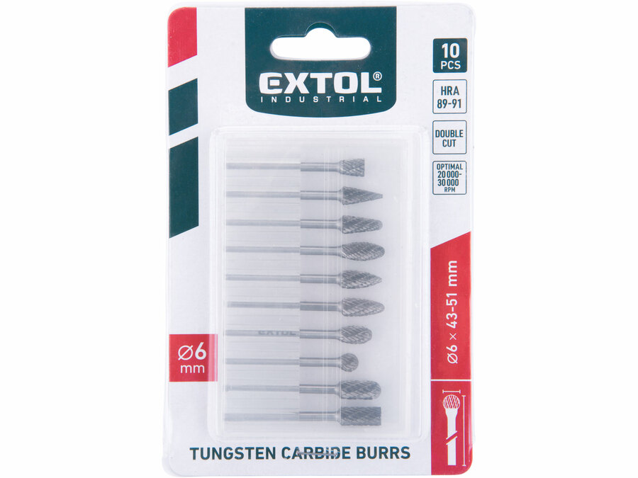 Frézy karbidové, sada 10ks, ⌀6x13mm, ⌀stopky 3mm, sek střední (double-cut)