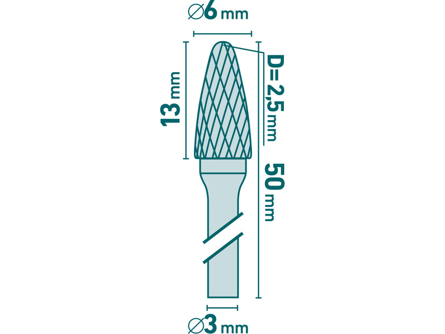 Fréza karbidová, kulatý oblouk, ⌀6x13mm, ⌀stopky 3mm, sek střední (double-cut)