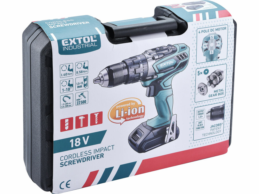 Vrtací šroubovák aku s příklepem, 18V Li-ion, 4 pólový motor, 2000mAh