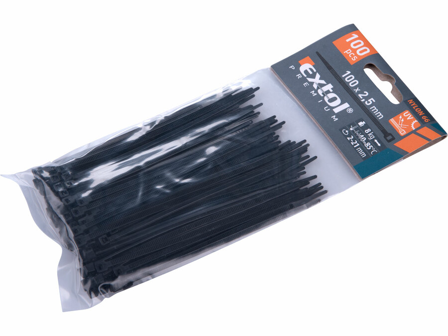 Pásky stahovací na kabely černé, 100x2,5mm, 100ks, nylon PA66
