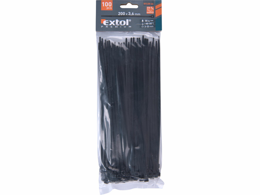 Pásky stahovací na kabely černé, 200x3,6mm, 100ks, nylon PA66