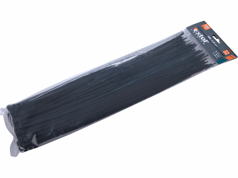 Pásky stahovací na kabely černé, 380x4,8mm, 100ks, nylon PA66