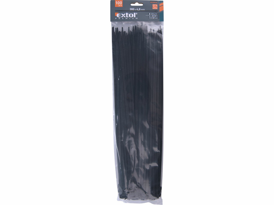 Pásky stahovací na kabely černé, 380x4,8mm, 100ks, nylon PA66
