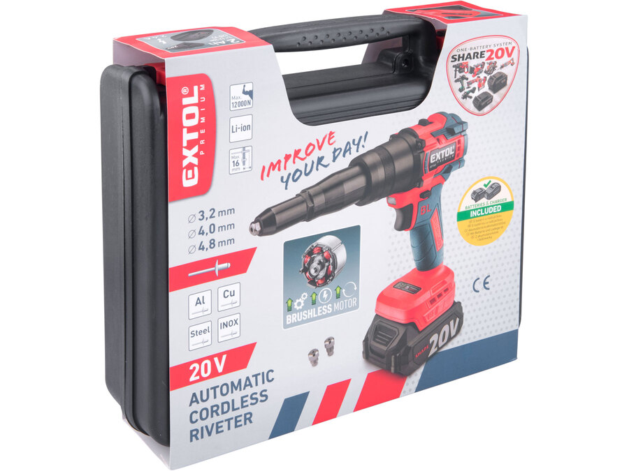 Pistole nýtovací aku SHARE20V, BRUSHLESS, 2Ah