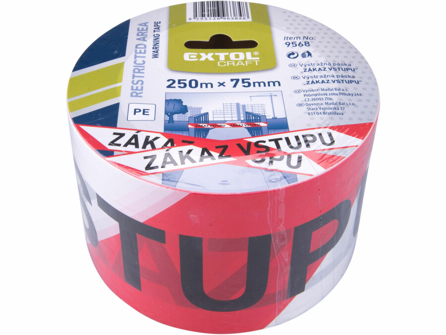 Páska výstražná červeno-bílá, 75mm x 250m, PE, s nápisem ZÁKAZ VSTUPU po celé délce pásky